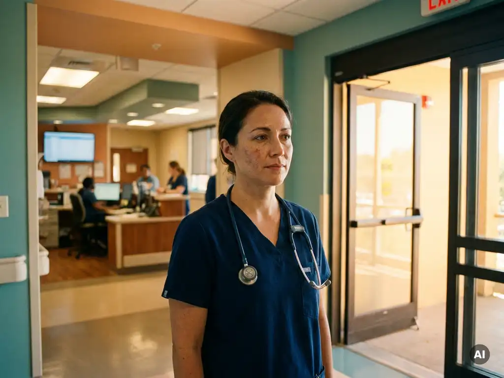 Verpleegkundige in scrubs op een kruispunt in een ziekenhuisgang, met een pad naar de verpleegpost en een uitgang met warm goudkleurig daglicht.
